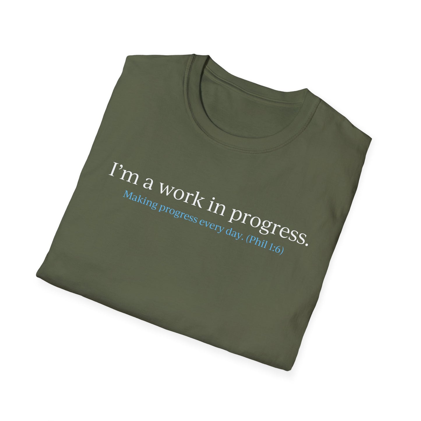 "A Work in Progress" (front) / Site (back) Dark Unisex Softstyle T-Shirt