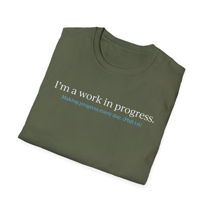 "A Work in Progress" (front) / Site (back) Dark Unisex Softstyle T-Shirt