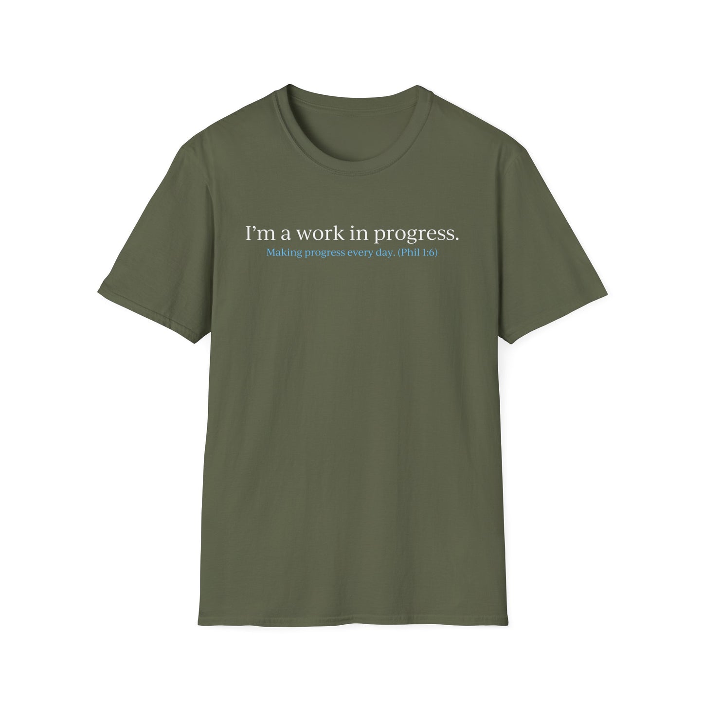 "A Work in Progress" (front) / Site (back) Dark Unisex Softstyle T-Shirt
