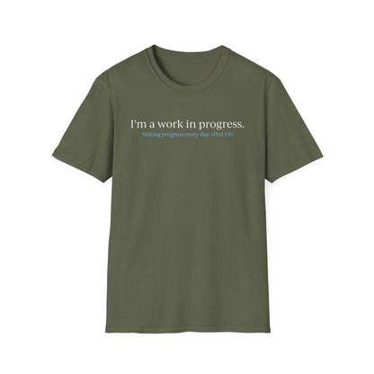 "A Work in Progress" (front) / Site (back) Dark Unisex Softstyle T-Shirt