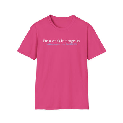 "A Work in Progress" (front) / Site (back) Dark Unisex Softstyle T-Shirt