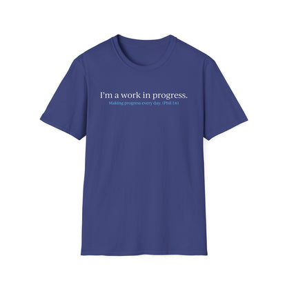"A Work in Progress" (front) / Site (back) Dark Unisex Softstyle T-Shirt
