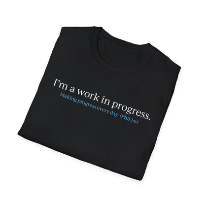 "A Work in Progress" (front) / Site (back) Dark Unisex Softstyle T-Shirt