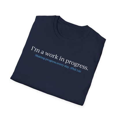 "A Work in Progress" (front) / Site (back) Dark Unisex Softstyle T-Shirt